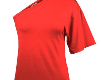 Women Red One Shoulder Tee, Casual Daily Top, Elegance Body, Everyday Topwear, Cotton Basic T-shirt, Summer Trendy Blouse, Gift for Her