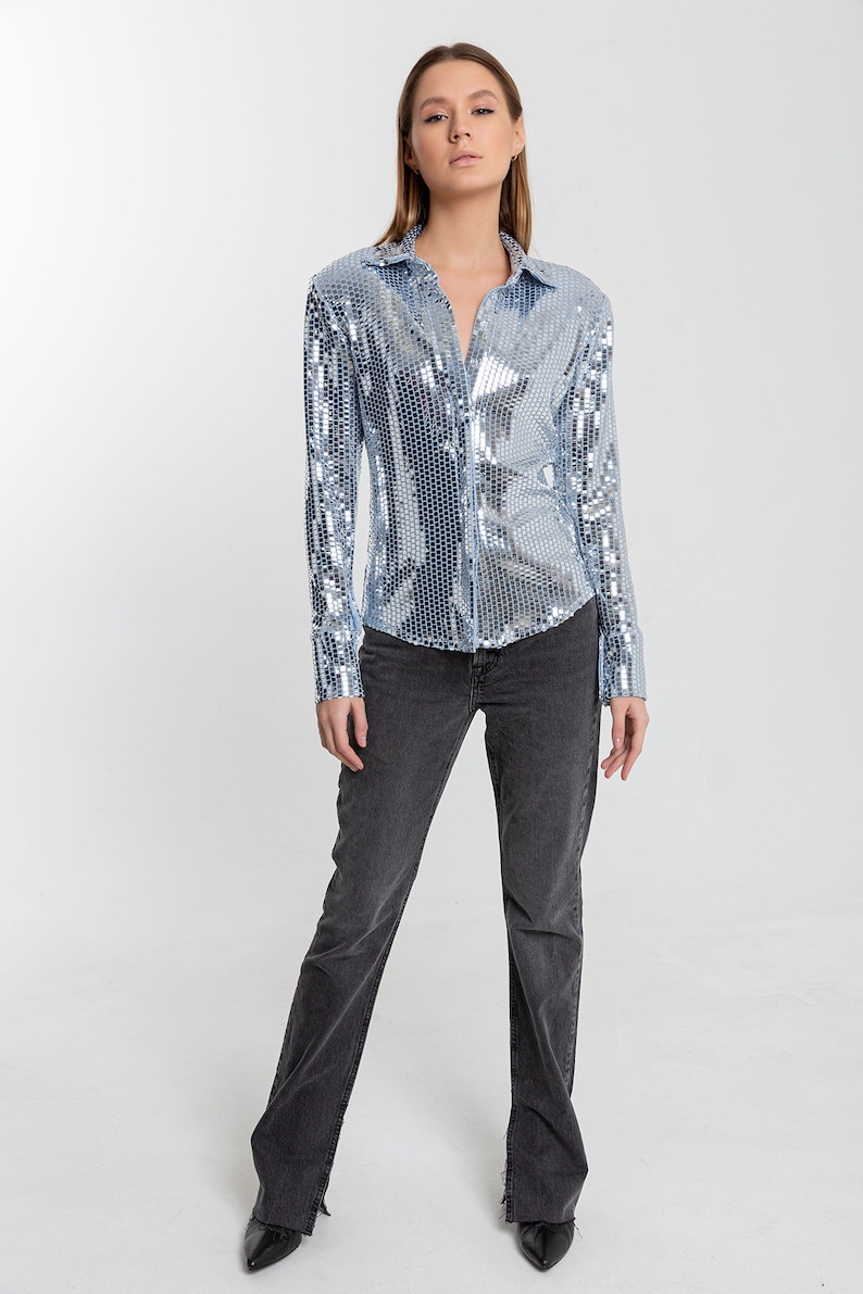 Women Sequin Embellished Shirt, Glitter Blouse, Cocktail Shirt, Occasion Shirt, Sequin Top, Prom, Party Blouse, Bridesmaid, Gift image 2