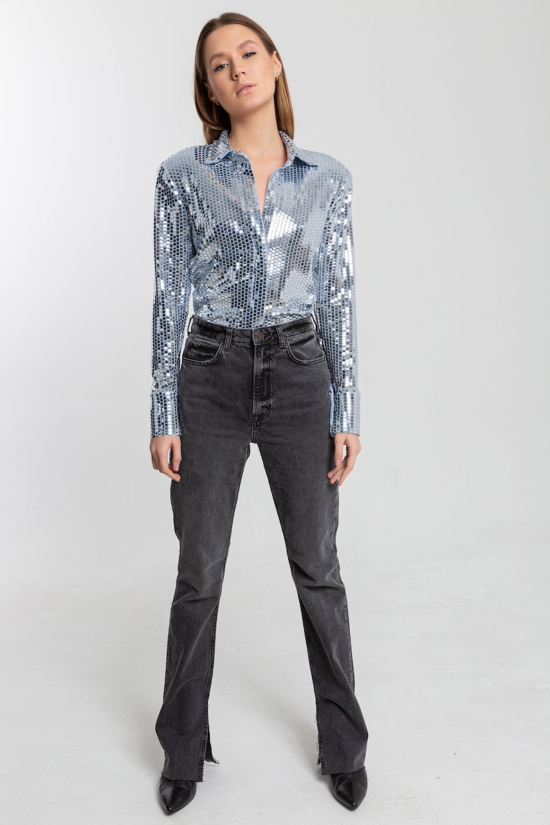 Women Sequin Embellished Shirt, Glitter Blouse, Cocktail Shirt, Occasion Shirt, Sequin Top, Prom, Party Blouse, Bridesmaid, Gift image 9