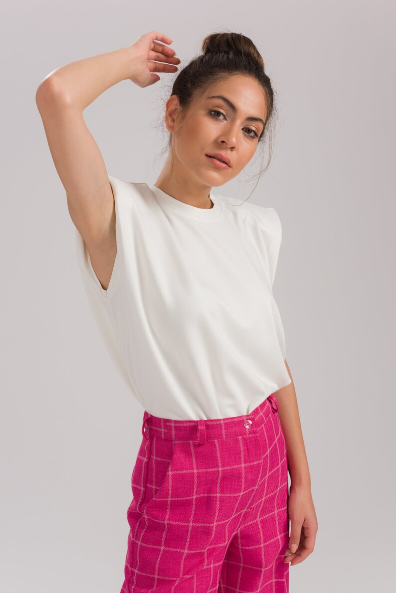 2 Pcs Shoulder Pad Tee Set White Women Tshirt Cotton Etsy