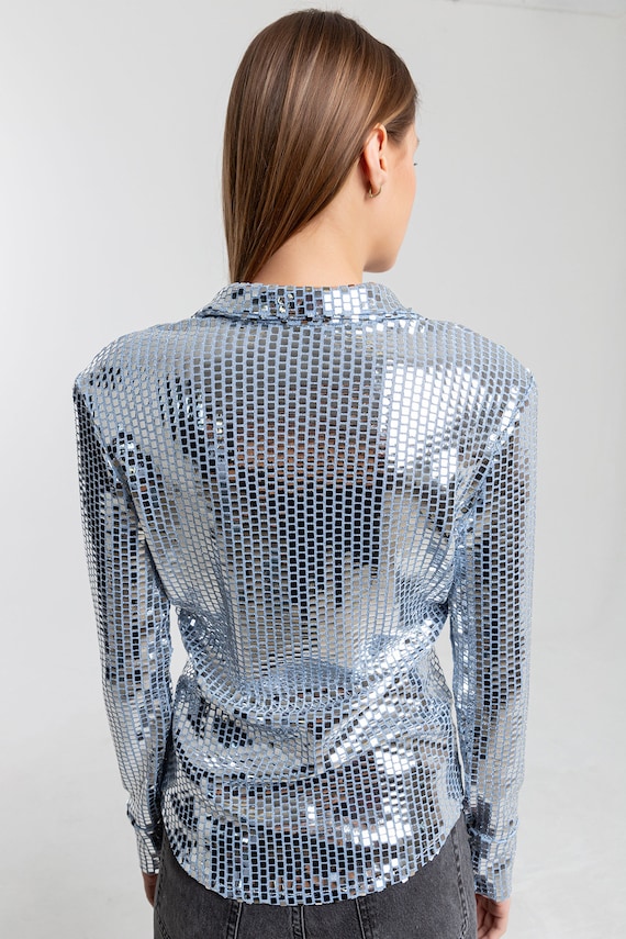 Women Sequin Embellished Shirt, Glitter Blouse, Cocktail Women Sequin Embellished Shirt, Glitter Blouse, Cocktail