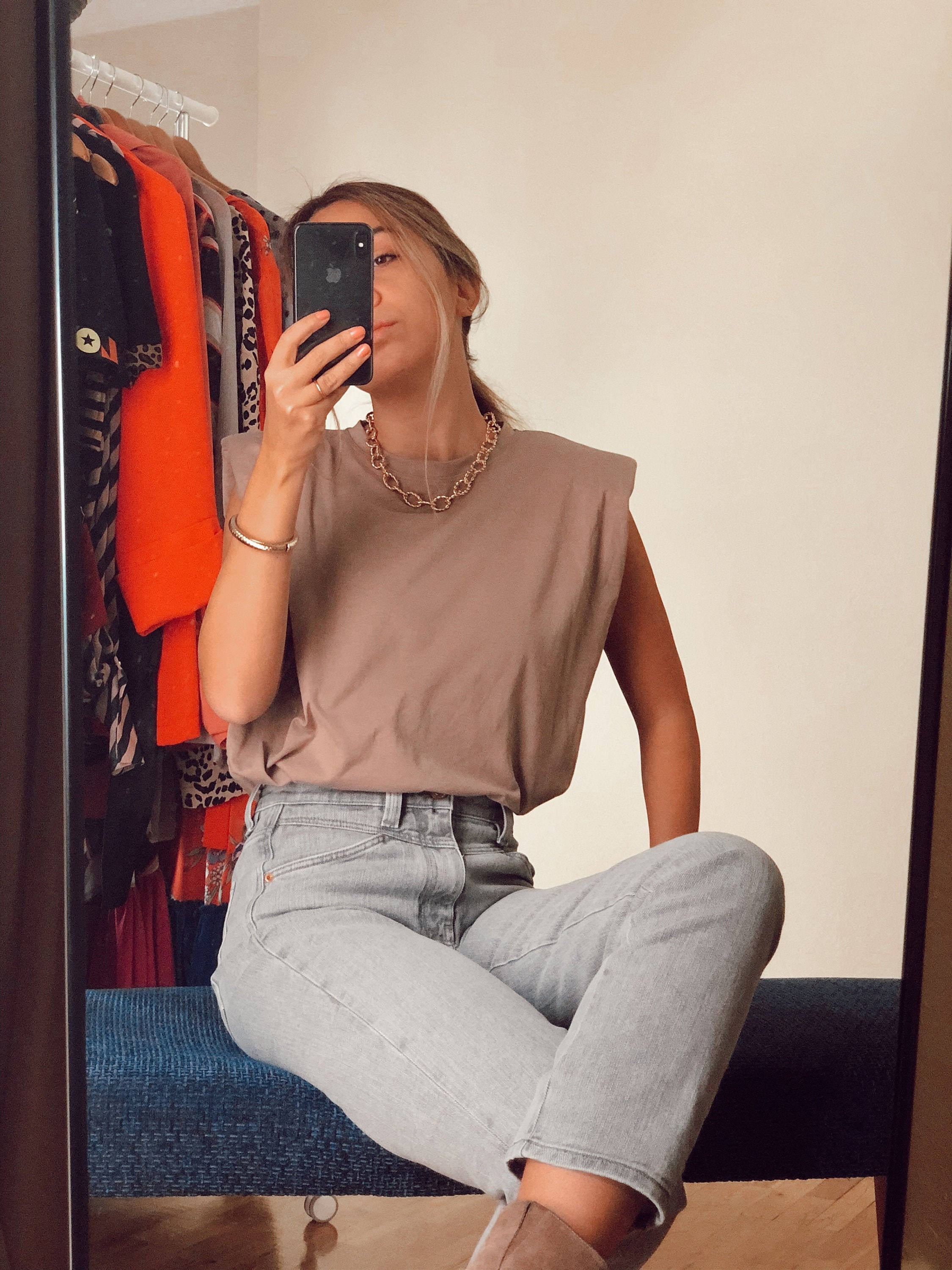 Shoulder Pad Blouse Brown Women T-shirt 