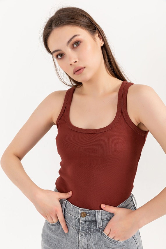 Women Organic Cotton Ribbed Tank Top, Sustain Tee Gift for Her, Casual Summer Blouse, Daily Sportive Basic, Vintage 60s 70s Clothing