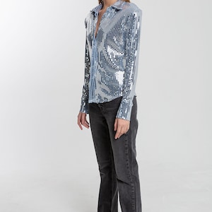 Women Sequin Embellished Shirt, Glitter Blouse, Cocktail Shirt, Occasion Shirt, Sequin Top, Prom, Party Blouse, Bridesmaid, Gift image 3