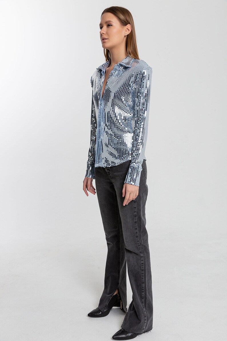 Women Sequin Embellished Shirt, Glitter Blouse, Cocktail Shirt, Occasion Shirt, Sequin Top, Prom, Party Blouse, Bridesmaid, Gift image 3