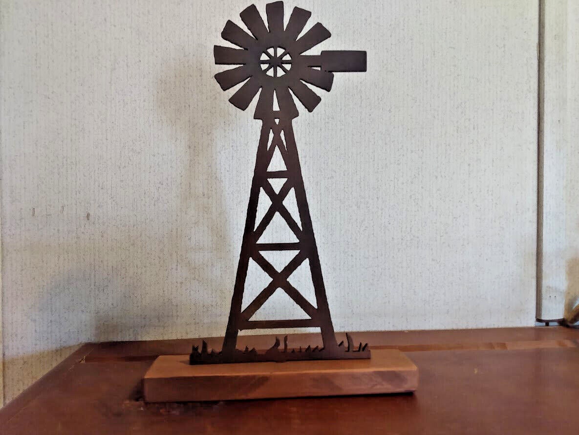 MDF Windmill wood base fake rust 9" x 4" Rustic Farmhouse Shelf Sitter Cowboy