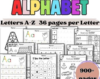 Pacote de aprendizagem pré-escolar pré-K + jardim de infância | +900 páginas | Folhas de atividades para impressão | Colorir | Ligar os pontos | Rastrear | Alfabeto