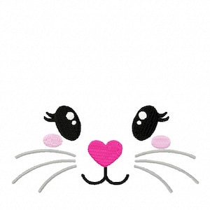May include: A cartoon bunny face with black eyes, eyelashes, and whiskers. The bunny has a pink heart-shaped nose and pink cheeks.