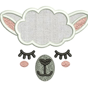 May include: Embroidered design of a white sheep with closed eyes, a gray nose, and pink cheeks. The sheep has a fluffy white head and ears.