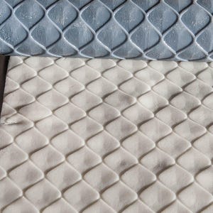 Puede incluir: Primer plano de una lámina de fondant blanco con un patrón de diamante estampado en ella. Un rodillo gris con un patrón de diamante se muestra sobre la lámina de fondant.
