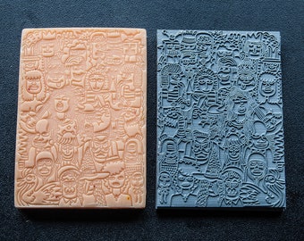 Texture mat 35 Doodle faces, soap stamp, clay stamp, ink stamp, metal clay stamp, jewelry stamp, polymer clay stamp