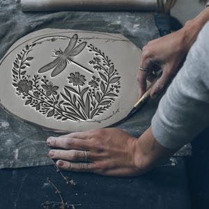Rubber stamp,flower stamp,flower circle, plate decor,clay embossing,dragonfly stamp,clay stamp, clay embosser,textile stamp,soap stamp