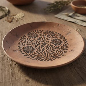 Può includere: Un piatto rotondo color terracotta con un dettagliato disegno floreale nero al centro. Il piatto ha una superficie leggermente strutturata ed è appoggiato su un tavolo di legno. Il motivo floreale è una disposizione stilizzata di fiori e foglie.
