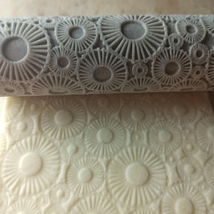 Peut inclure: Un rouleau à pâtisserie gris avec un motif répétitif de motifs circulaires. Le rouleau à pâtisserie est utilisé pour créer un motif en relief sur une surface blanche.