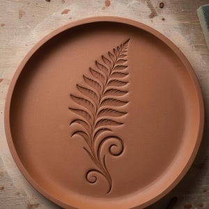 Może przedstawiać: Okrągły ceramiczny talerz w kolorze terakoty z szczegółowym wzorem liścia paproci wyciętym pośrodku. Talerz ma podniesioną krawędź i jest umieszczony na drewnianej powierzchni, prezentując ręcznie robioną ceramikę.