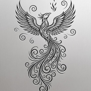 May include: A detailed black and white illustration of a phoenix rising. The bird has outstretched wings and a flowing tail, with stylized flames rising from its beak. The design is set against a textured, light gray background.