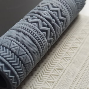 May include: A close-up of a set of grey textured rolling pins with different geometric patterns. The rolling pins are arranged in a stack, with the patterns visible on the surface.