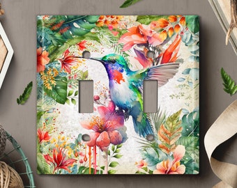 Metal Light Switch Cover, Light Switch Plate, Outlet Cover, Wall Plate, Home Decor Idea, Flower Bird Forest, Colorful Hummingbird BRD020