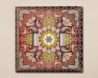 Metal Light Switch Cover, Light Switch Plate, Outlet Cover, Wall Plate Home Decor, Red Orange Frill Flower Rug Tile Pattern TIL064