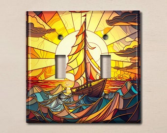 Metal Light Switch Cover | Light Switch Plate, Outlet Cover, Wall Plate, Home Decor Idea, Sunset Boat On Ocean, Stained Glass Decor, SEA089