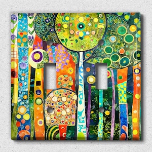 May include: A colorful light switch cover with an abstract design featuring trees, circles, and stripes in shades of green, blue, yellow, orange, and red.