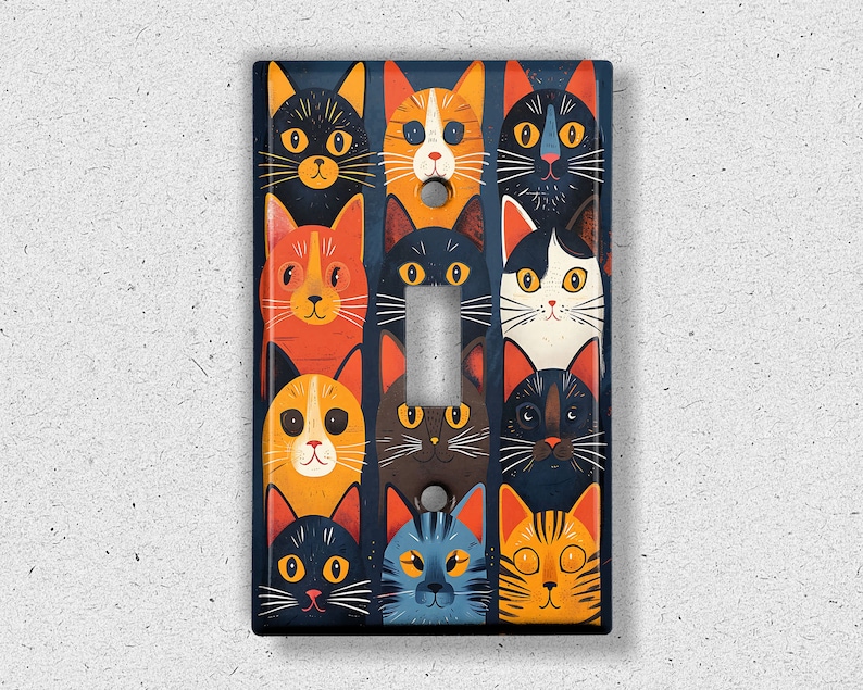 Metal Light Switch Cover, Light Switch Plate, Outlet Cover, Wall Plate, Home Decor Idea, Colorful Cat Design, Cute Cat Decor Idea ANM136 画像 3