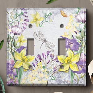 Metal Light Switch Cover | Light Switch Plate, Outlet Cover, Wall Plate Home Decor, Floral Butterfly Dragonfly Wall Gray FLW121