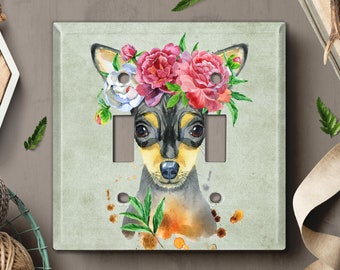 Metal Light Switch Cover, Light Switch Plate, Outlet Cover, Wall Plate Home Decor, Cute Chihuahua Red Rose Crown Flowers Green DOG018