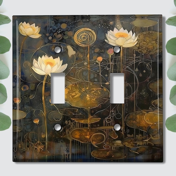 Metal Light Switch Cover | Light Switch Plate, Outlet Cover, Wall Plate, Home Decor Idea, White Yellow Nouveau Lotus Flower Art, FLW436