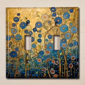 May include: A light switch cover featuring a colourful abstract floral design. The design incorporates blue flowers with gold stems and leaves on a yellow background.