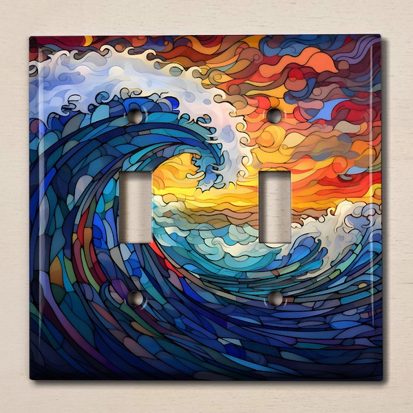 Metal Light Switch Cover, Light Switch Plate, Outlet Cover, Wall Plate, Home Decor Idea, Wave At Sunset, Stained Glass Image, SEA119