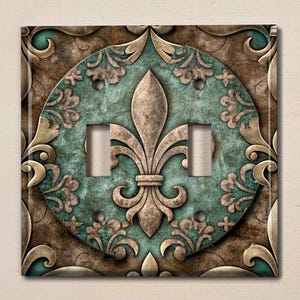 Metal Light Switch Cover, Light Switch Plate, Outlet Cover, Wall Plate, Image of Rustic Metal, Teal Brown French Fleur De Lis Decor, MET089