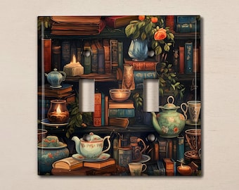 May include: A light switch cover featuring a whimsical illustration of a bookshelf filled with books, teacups, candles, and flowers. The bookshelf is painted in a dark brown colour with a vintage aesthetic.