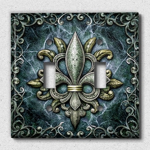 Metal Light Switch Cover, Light Switch Plate, Outlet Cover, Wall Plate, Image of Rustic Metal, Blue Green French Fleur De Lis Decor, MET085