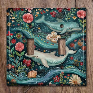 Metal Light Switch Cover | Outlet Plate, Floral Dolphin Sea Life Decor, SEA186