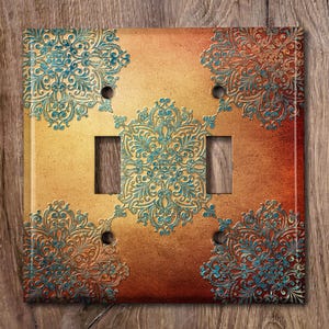 Metal Light Switch Cover, Light Switch Plate, Wall Plate Home Decor, Flower Patina Copper Print, Image of Copper, MET029