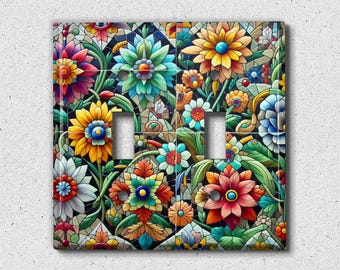 Metal Light Switch Cover | Light Switch Plate, Outlet Cover, Wall Plate, Home Decor, Colorful Flowers, Vibrant Tile Floral Decor, TIL251