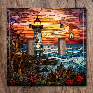 Metal Light Switch Cover | Light Switch Plate, Outlet Cover, Wall Plate, Home Decor, Beautiful Ocean Sunset, Stained Glass Image, SEA103