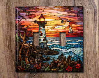 Metal Light Switch Cover | Light Switch Plate, Outlet Cover, Wall Plate, Home Decor, Beautiful Ocean Sunset, Stained Glass Image, SEA103
