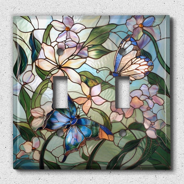 Metal Light Switch Cover | Light Switch Plate, Outlet Cover, Wall Plate, Light Floral Decor, Blue Butterfly, Image of Stained Glass, GLA070