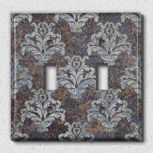 Metal Light Switch Cover | Light Switch Plate, Outlet Cover, Wall Plate, Image of Rustic Metal, Brown Blue Metal Victorian Pattern, MET071