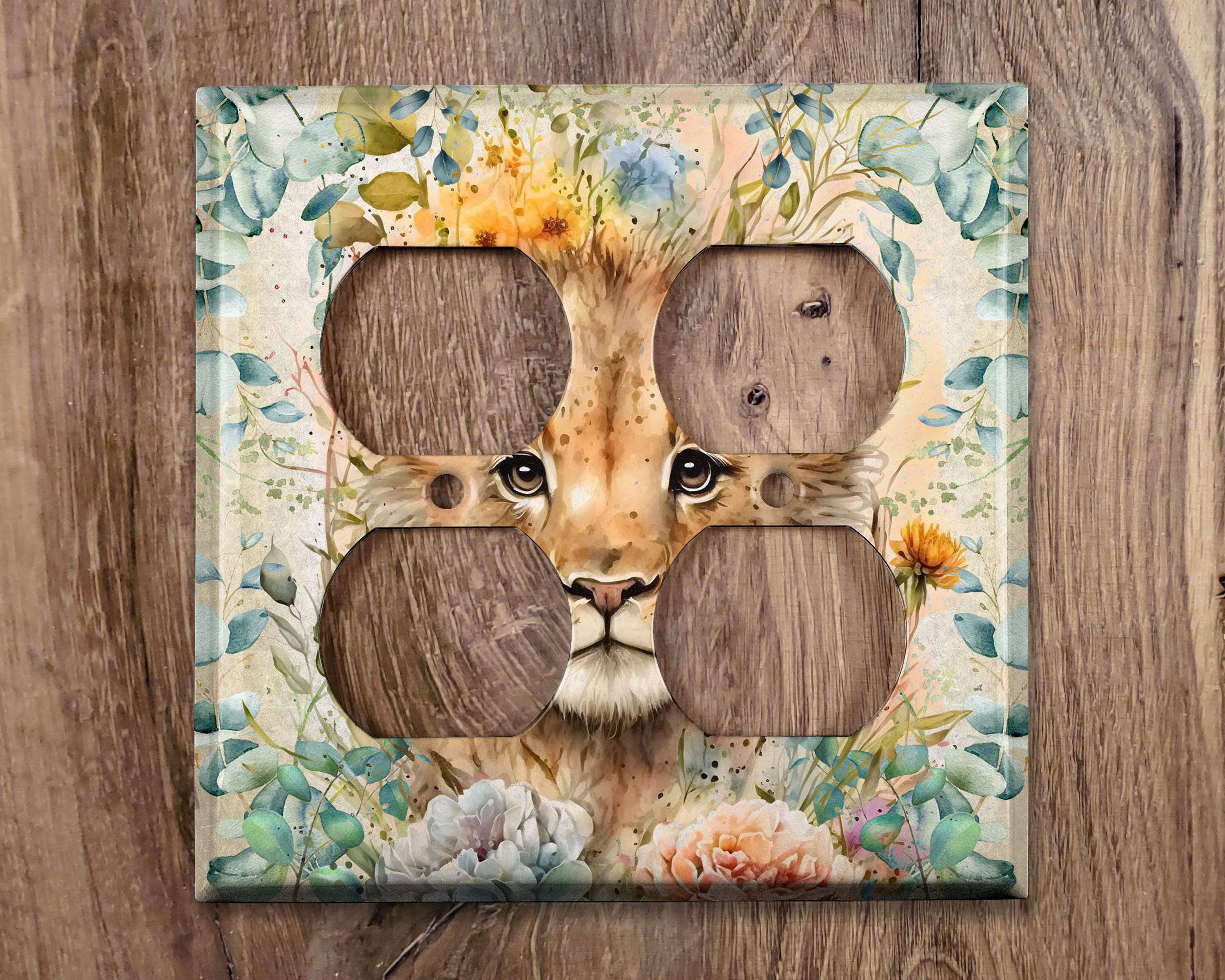 Metal Light Switch Cover | Outlet Plate, Floral Lion Decor, ANM078