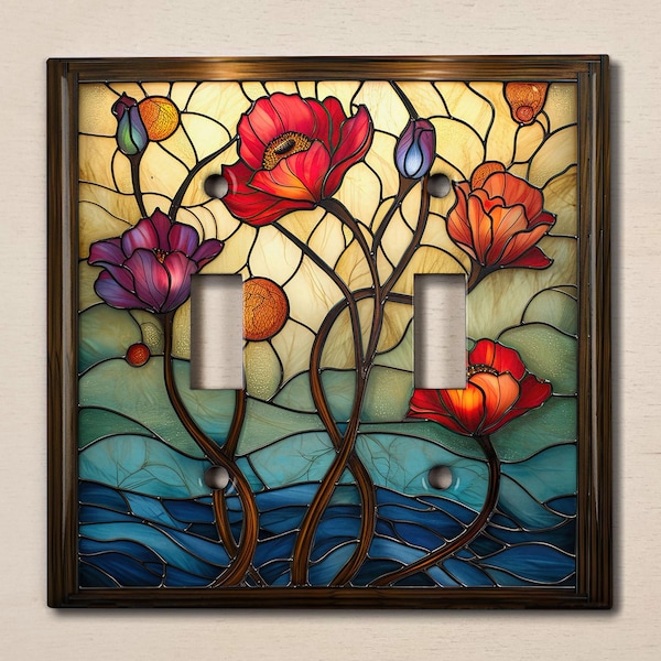 Metal Light Switch Cover | Light Switch Plate, Outlet Cover, Wall Plate, Home Decor, Gorgeous Poppy Design, Image of Stained Glass, FLW492