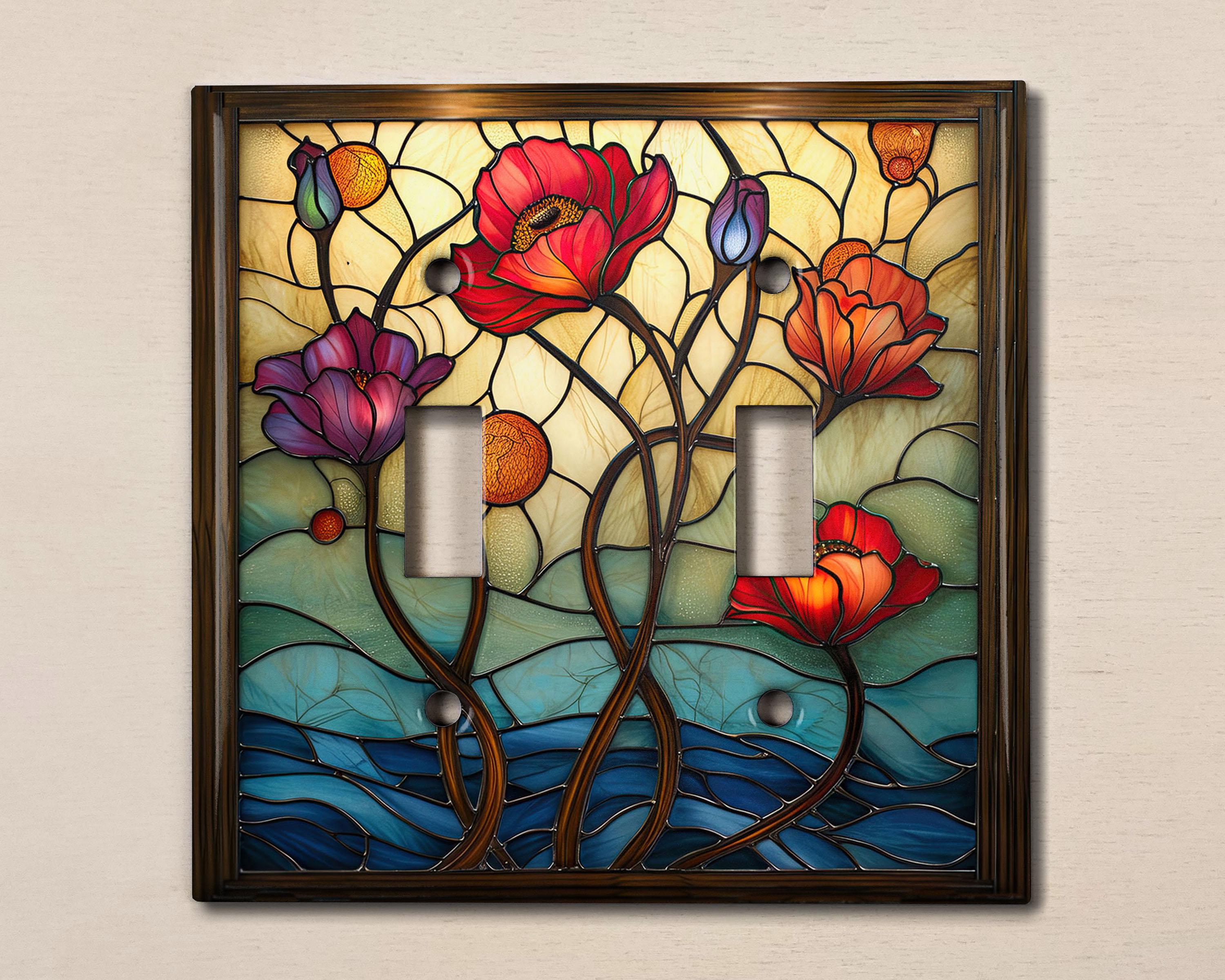 Metal Light Switch Cover | Light Switch Plate, Outlet Cover, Wall Plate, Home Decor, Gorgeous Poppy Design, Image of Stained Glass, FLW492