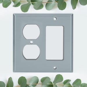 May include: A gray wall plate with a single outlet and a single switch. The plate has a brushed metal finish.