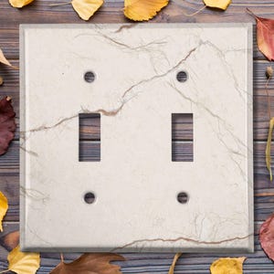 May include: A white light switch cover with a marble pattern. The cover has two toggle switches and two screw holes.