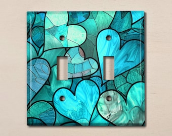Metal Light Switch Cover | Light Switch Plate, Outlet Cover, Wall Plate, Valentine's Day Decor, Teal Hearts, Image of Stained Glass, GLA078