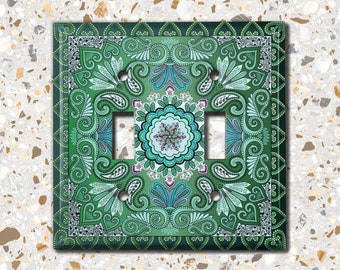 Metal Light Switch Cover | Light Switch Plate, Outlet Cover, Wall Plate Home Decor, Green Frill Flower Rug Tile Pattern TIL063