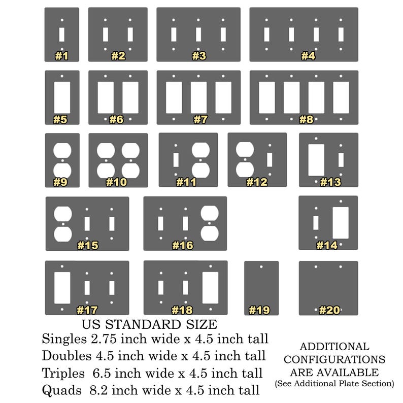 May include: A diagram showing 20 different configurations of electrical outlet and switch plates. The plates are gray and the openings are white. The plates are labeled with numbers 1 through 20. The text below the plates reads "US Standard Size" and lists the dimensions of each plate type in inches. The text also reads "Additional Configurations Are Available (See Additional Plate Section)".