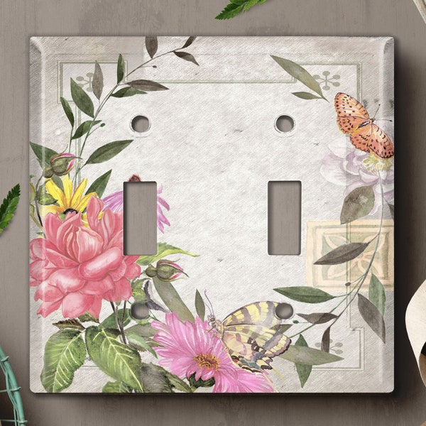 Metal Light Switch Cover, Light Switch Plate, Outlet Cover, Wall Plate Home Decor, Elegant Butterfly Flower Wreath Tile FLW107